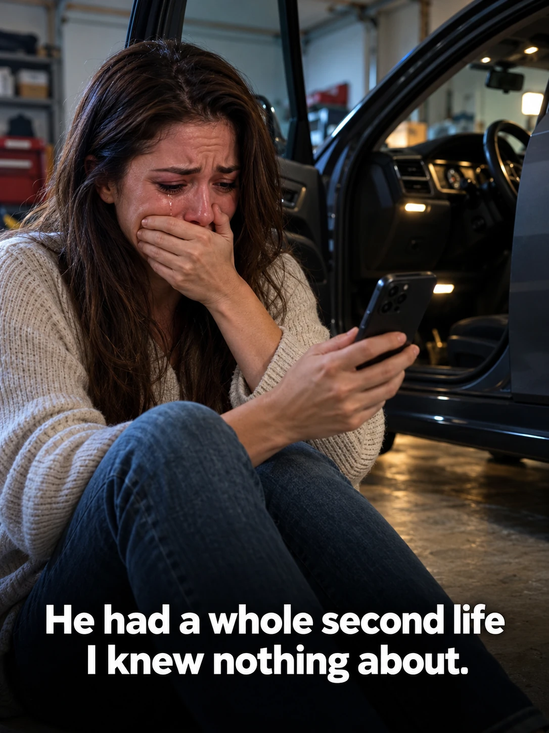 AI-generated scene of a woman sitting beside a car in a garage, holding a phone. Caption: He had a whole second life I knew nothing about.